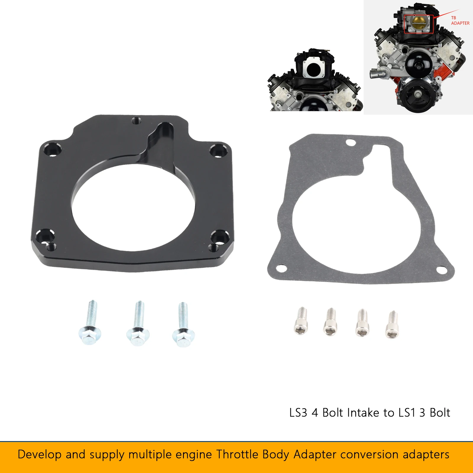 Drive By Cable Throttle Body Adapter Compatible LS3 4 Bolt Intake to LS1 3 Bolt TB DBC LS2 intake manifold 551511XG 551567