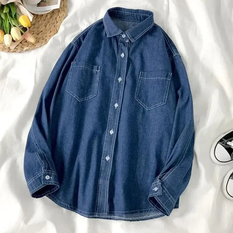 Rimocy Autumn Long Sleeve Denim Shirt for Women 2022 Single Breasted Pocket Blouse Woman Turn Doen Collar Jeans Shirts Ladies