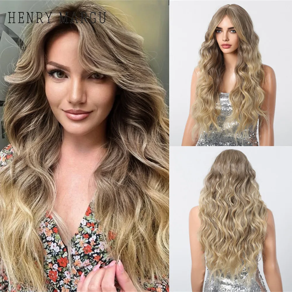 HENRY MARGU Light Brown Curly Synthetic Wig Long Wavy Wig with Bangs Ombre Color Natural Wig Heat Resistant Hair for Women Daily