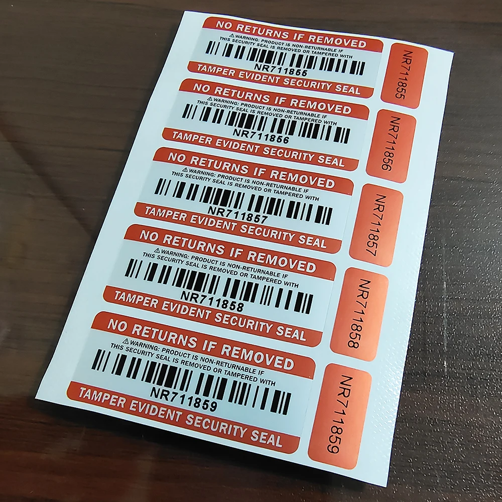100 Sets 2-part NO RETURNS IF REMOVED TAMPER EVIDENT SECURITY SEAL Non-returnable Warning Sticker Serial Number Waterproof Label