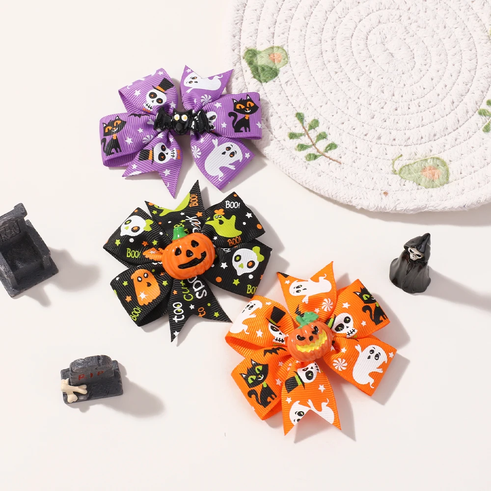 

4Pcs 2025 Funny Pumpkin Ribbon Bows Hairclip for Girl Halloween Hairpin Cheer Bowknot Hairgripe Headwear Kids Hair Accessories