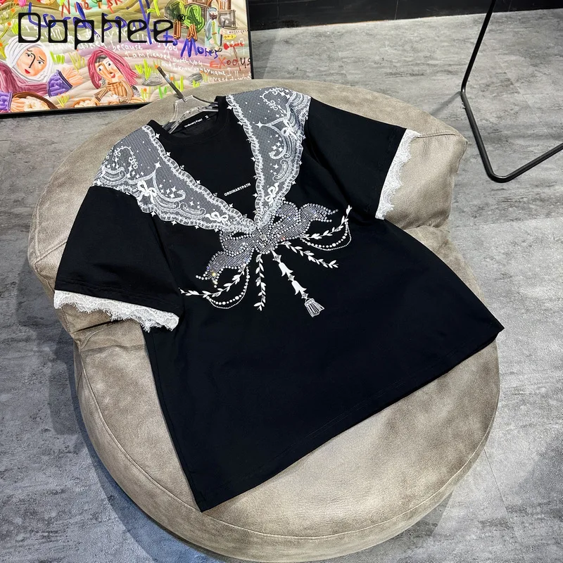 

Light Luxury Trendy Brand Large Version Lace Printing Hot Diamond T-shirt Heavy Industry Sweet Cool Style Dress Short Sleeves