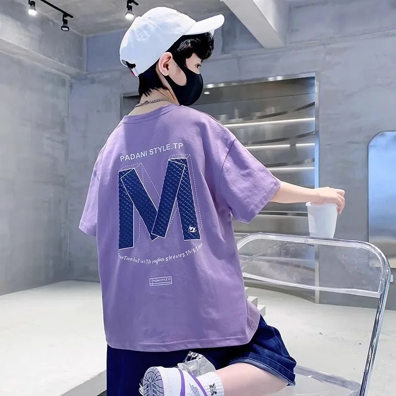 

Футболка для мальчиков из чистого хлопка, летняя повседневная свободная футболка с короткими рукавами и буквенным принтом, фиолетовая, модная детская одежда, одежда для мальчиков