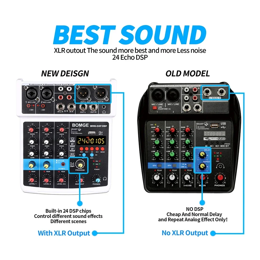 Audio Sound Mixer 4 Channel Dj Mixing Console Sound Card With Mon itor 24 Echo DSP 48V Phantom Power For PC Record Karaoke Party