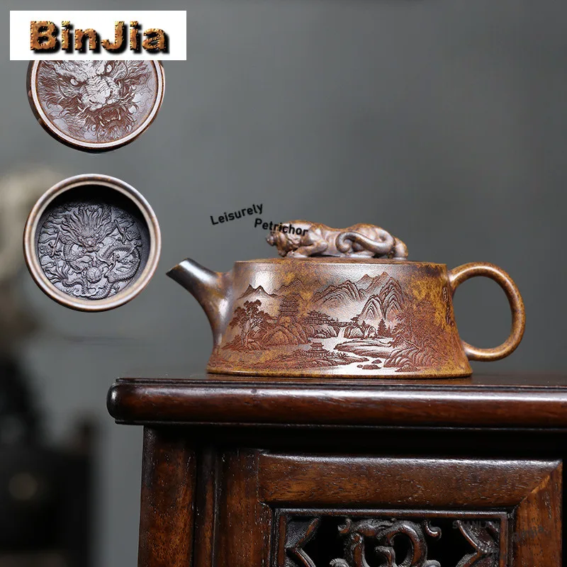 

230 мл креативные чайники из фиолетовой глины Исин, ручной работы, скрытый горшок с тигровым драконом, необработанная руда, грязевой чайник, чайный сервиз Zisha