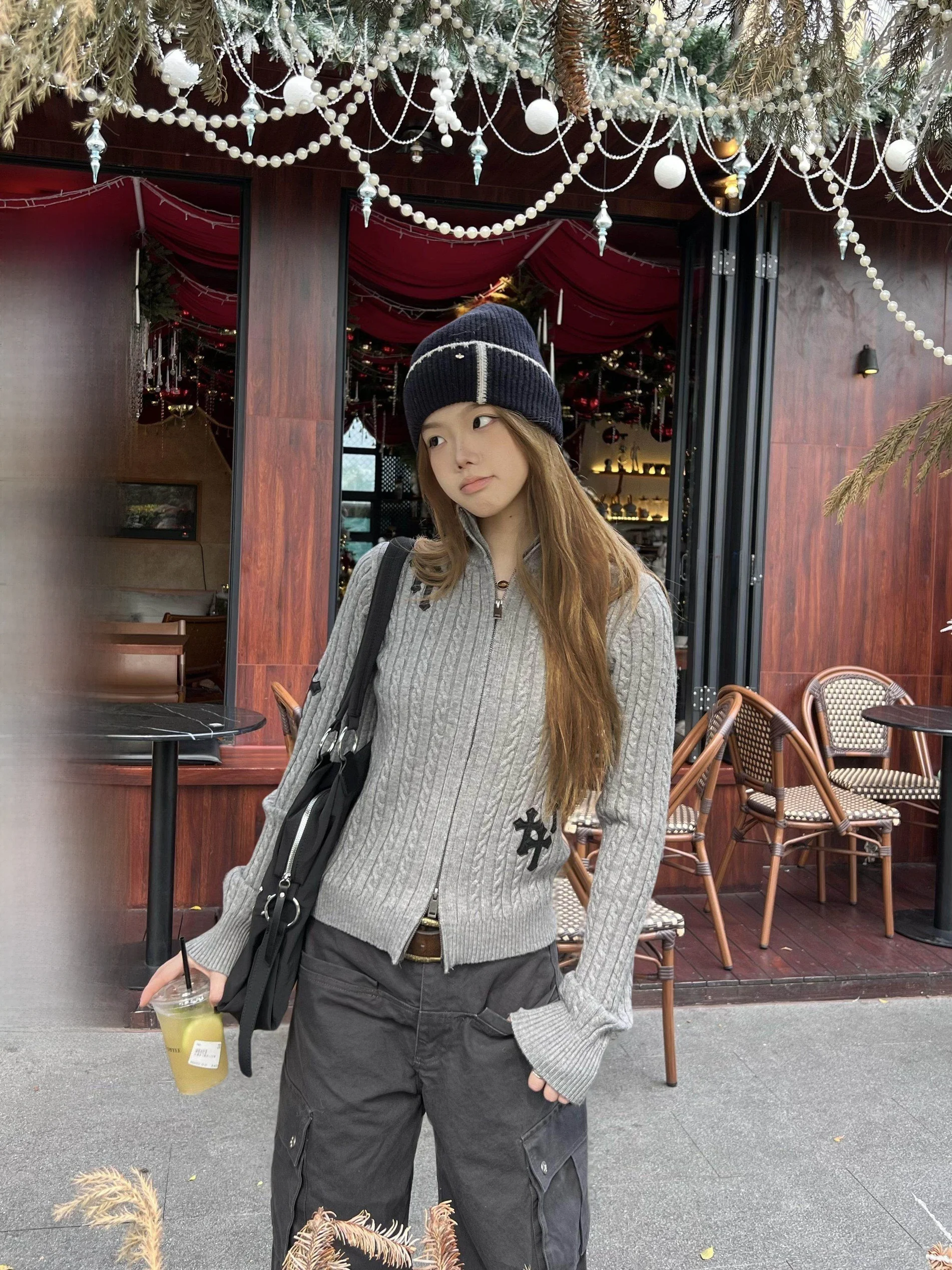 

Женский вязаный кардиган XFX в американском ретро-стиле с открытой застежкой-молнией, повседневный, осенне-зимний, приталенный топ