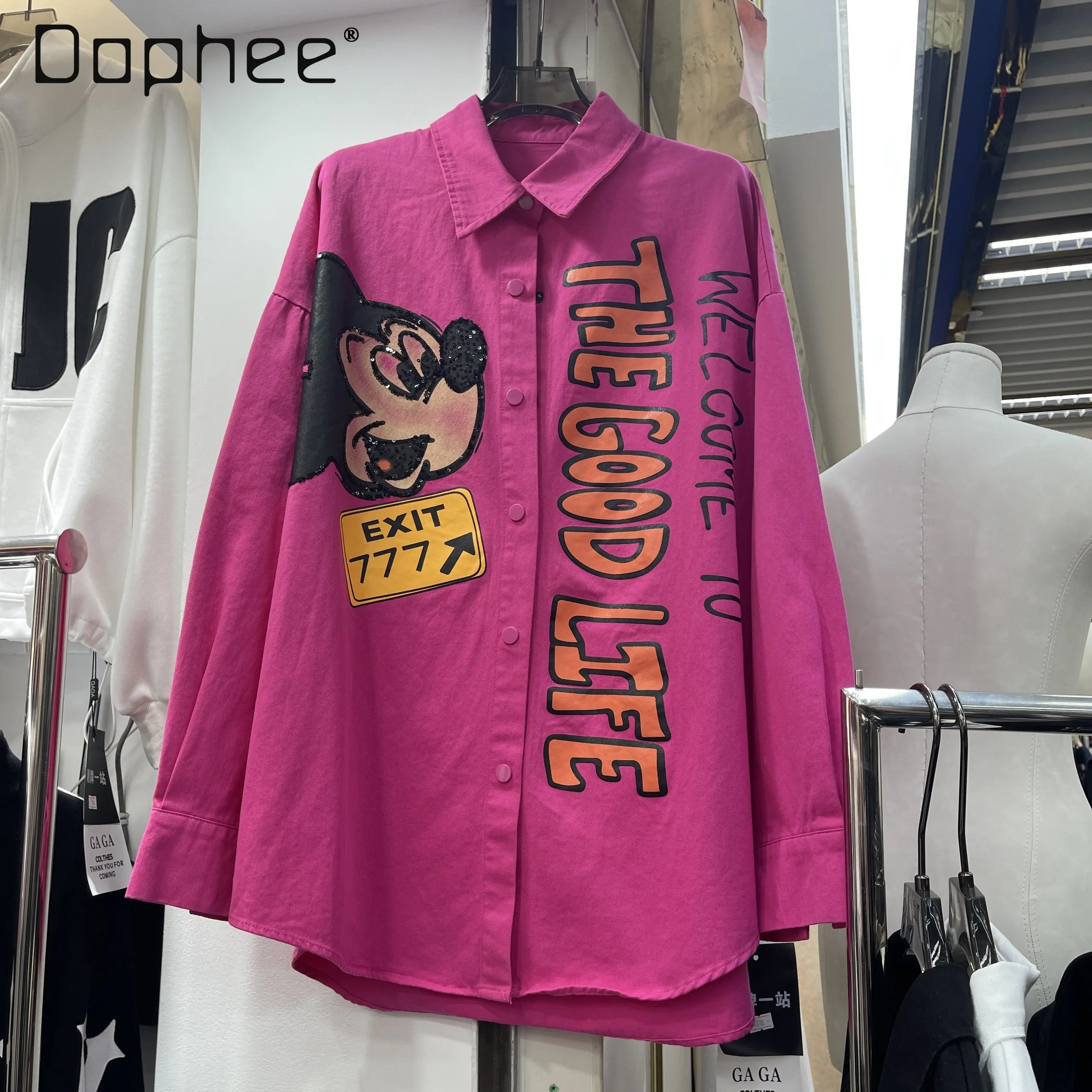 

2026, весенняя новая свободная рубашка с длинными рукавами в корейском стиле с принтом и мультяшной вышивкой для женщин, универсальный повседневный модный топ