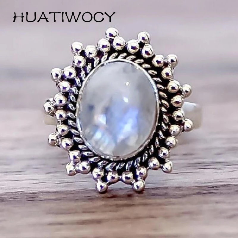 Trendy Oval Moonstone Ring 925 Silver Jewelry Accessories for Women Men Wedding Party Engagement Banquet Birthday Gift Size 5-11