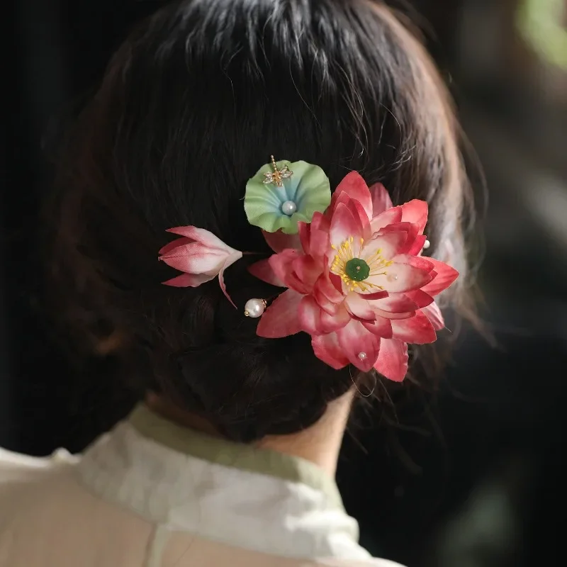Lotus hairpin semi-tied hair girl antique headdress back head clip Tang Feng hair accessories super fairy Hanfu side clip