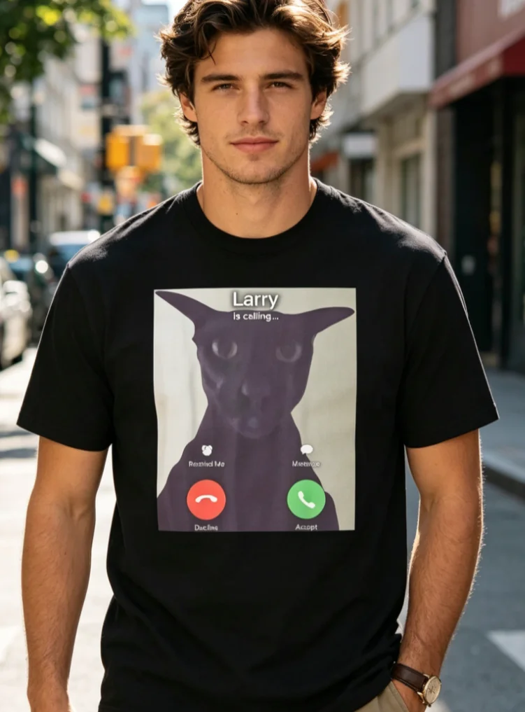Larry Is Calling Cat T-Shirt, Funny Black Cat Phone Gift, Viral Cat Calling Tee, Internet Culture Shirt, Cat Lover Humor Apparel