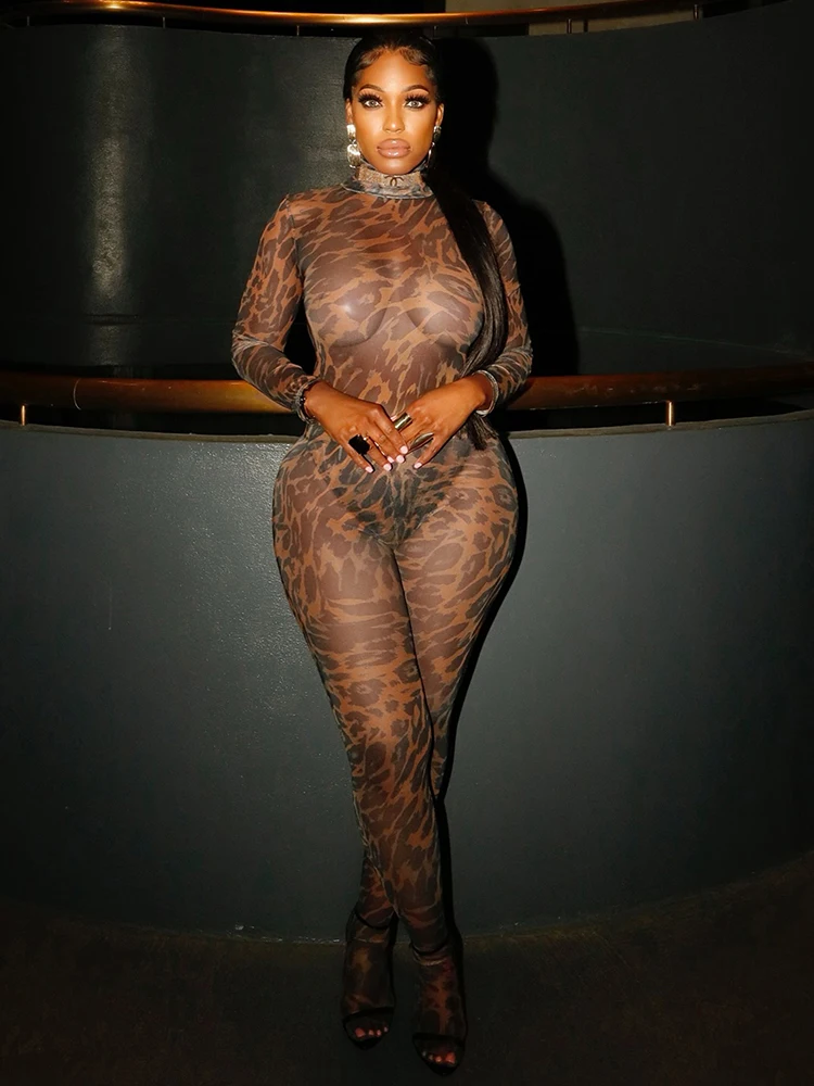 Weird Puss Leopard Print Sexy Mesh 2 Piece Set Women Turtleneck Full Sleeve Bodysuit+Skinny Peach Hip Long Pants Wild Style Suit