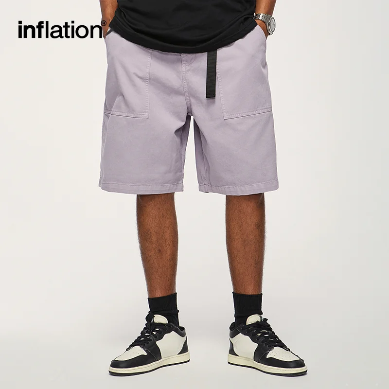 ININFLATION Solid Color Straight Leg Shorts Unisex Harajuku Loose Fit Cargo Shorts with Belt