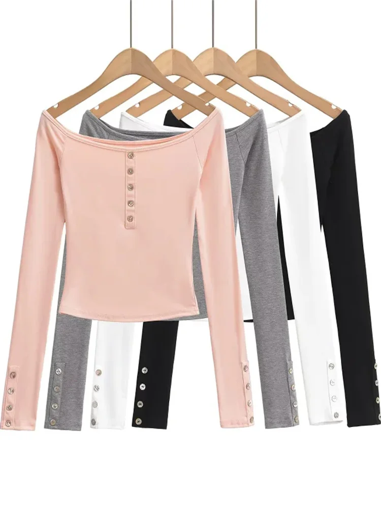 

Сексуальная облегающая женская футболка с открытыми плечами и вырезом на талии, новинка весны-осени 2025 года...