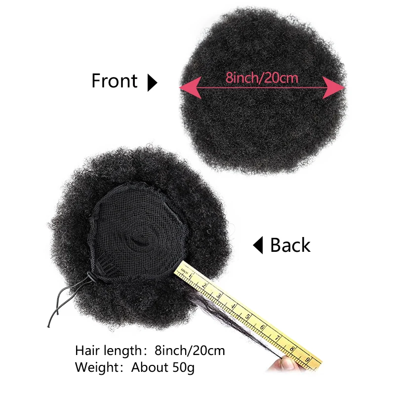 8인치 아프로 퍼프 드로스트링 포니테일 헤어 번 100% 인모 짧은 곱슬 아프로 킨키 아프로 번 익스텐션 헤어피스