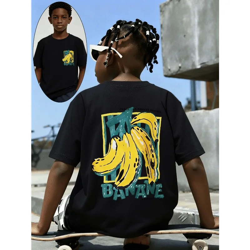 Cartoon Banana Art Print Pattern Children's T-shirt  Round Neck Top Summer Breathable Cotton Parent-child Short Sleeved Shirt