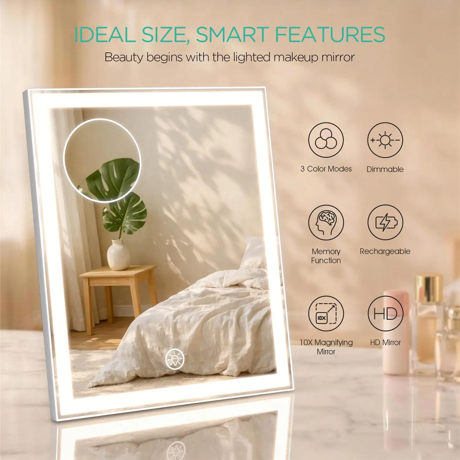 Rechargeable Vanity Mirror with Lights, 11.8x9.8in, 3 Color Modes, 10X Magnification, Smart Touch Control for Dressing Table - view 2