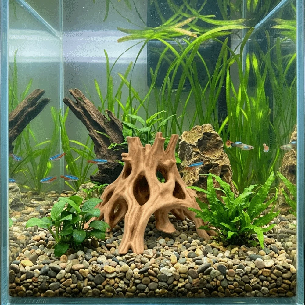 Tree Trunk Fish Shrimp Hiding Cave 3D Printed Unique Aquarium Fish Shelter Multi-Hole Plastic Fish Resting Place Terrarium Decor
