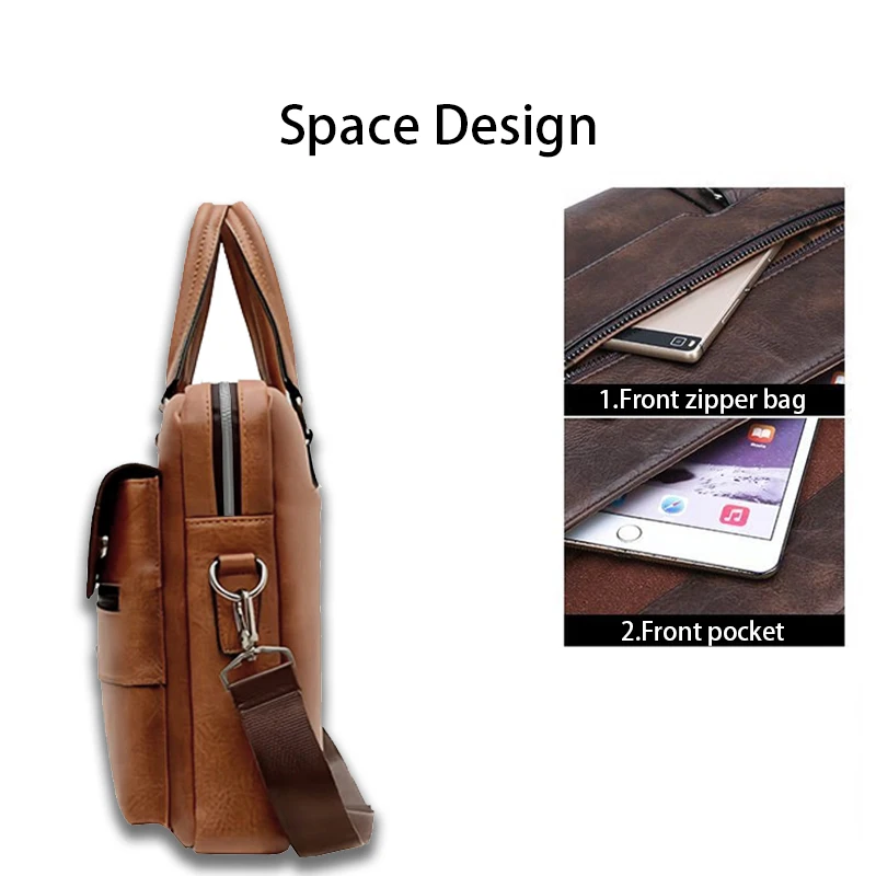 Fashion Vintage Business Handbag, Multi-zip Pocket Leather Briefcase for Outdoor Trips, Business Trips and Daily Carry
