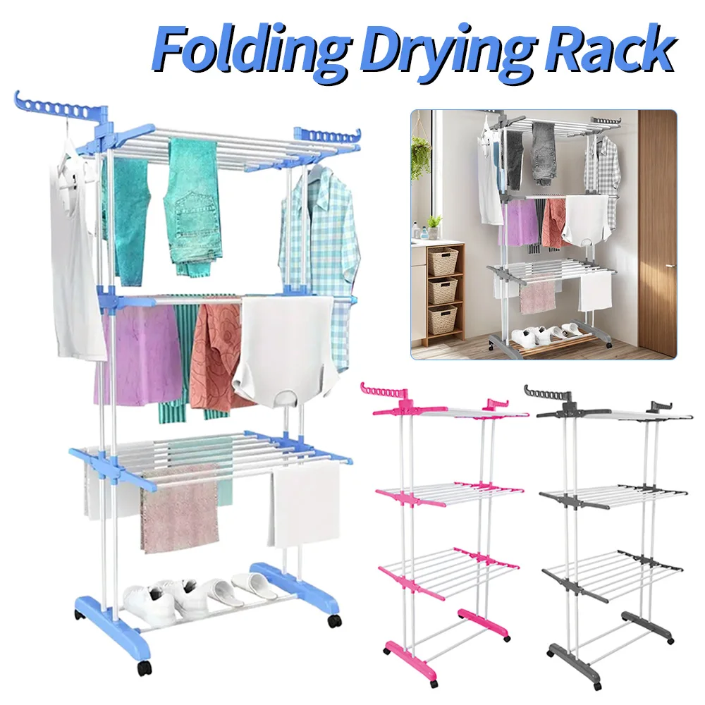 

4-Tier Free Standing Movable Laundry Rack with Two Wings Metal Clothing Dryer Clothes Drying Floor Stand for Clothing Bed Linen