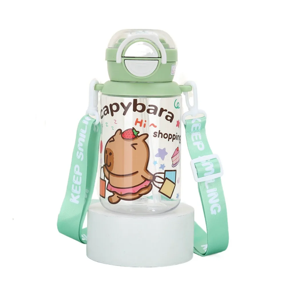 

500ml Capybara Water Bottles Cartoon Cute Transparent Plastic Cup with Shoulder Strap Straw Cup Capybara Drinking Bottle Summer