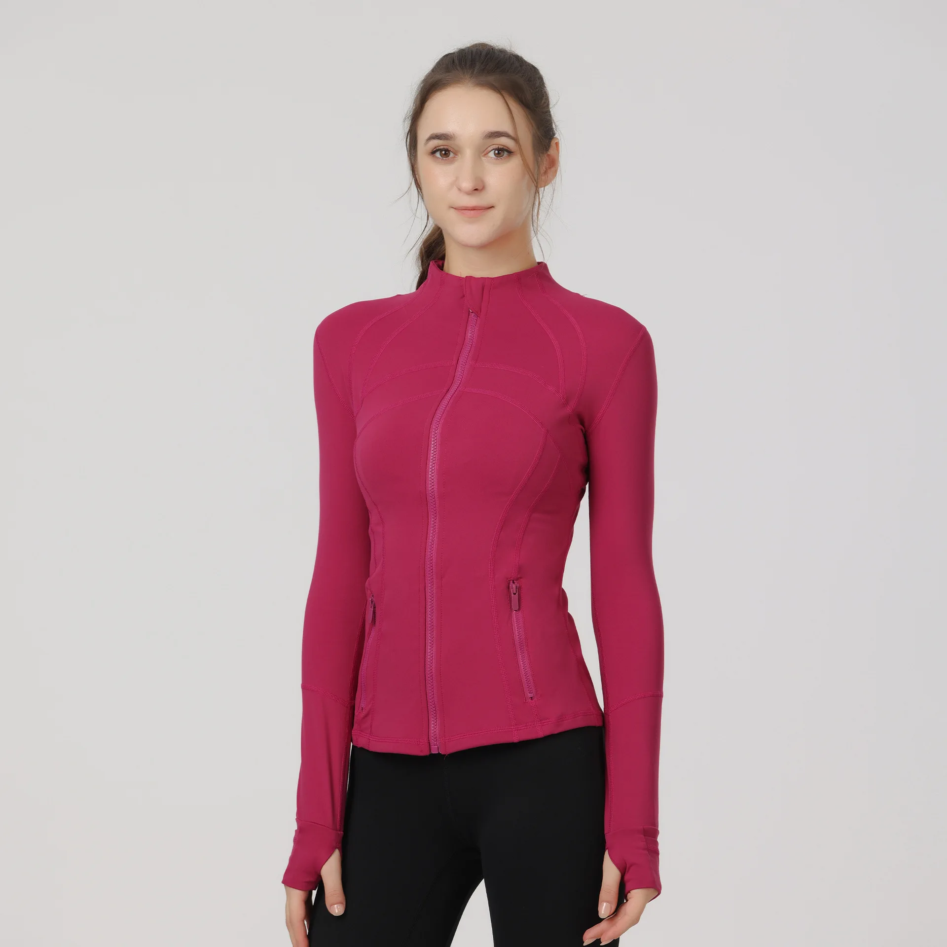 Thin Double-Sided Brushed Elastic Define Top Sporty Slim Fit Stand Up Collar Zipper Jacket Yoga Suit Jacket For Women