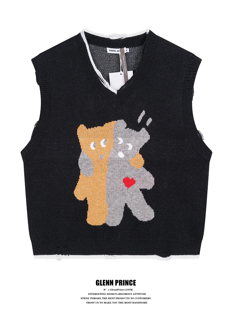 

Мужской вязаный жилет в американском ретро-стиле с узором «Медведь», новая модель, для многослойного ношения, облегающий, универсальный, осенний, повседневный, для молодежи