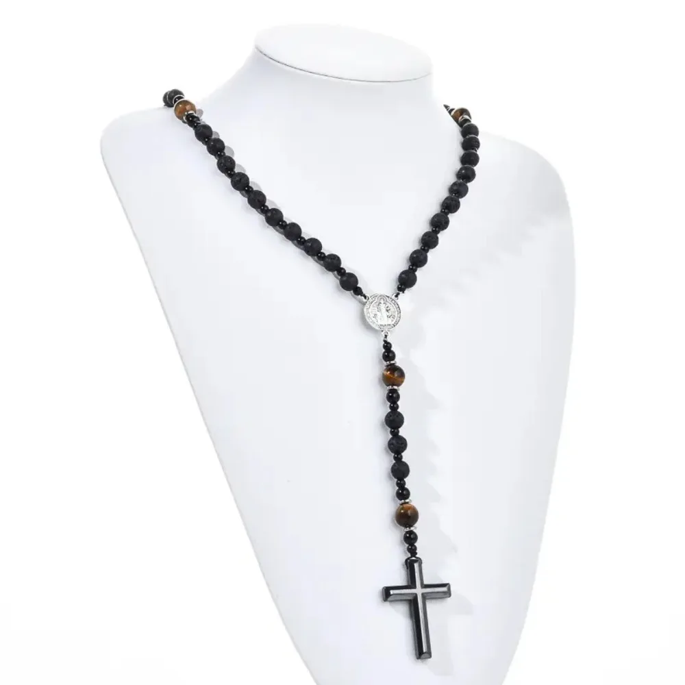 

Retro Cross Pendant Beaded Long Necklace Charm Accessory Tiger-eye Beads Necklace Women Men Rosary Neck Jewelry Vacation