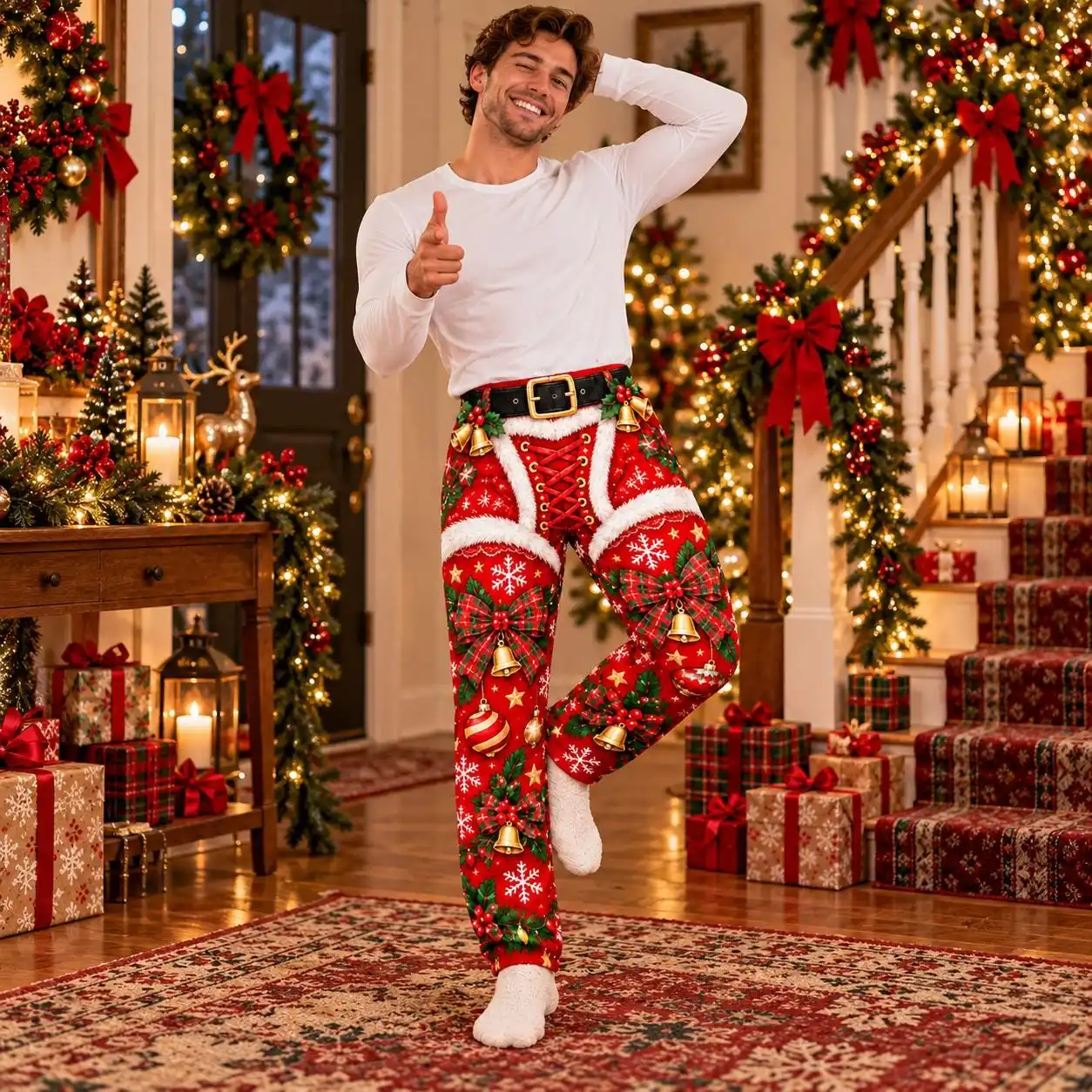 Funny Men Christmas Pajama Pants Nutcracker Soldier Drum Bow Christmas Ball Print Fake Thong Loose Wide Leg Trousers Xmas Party