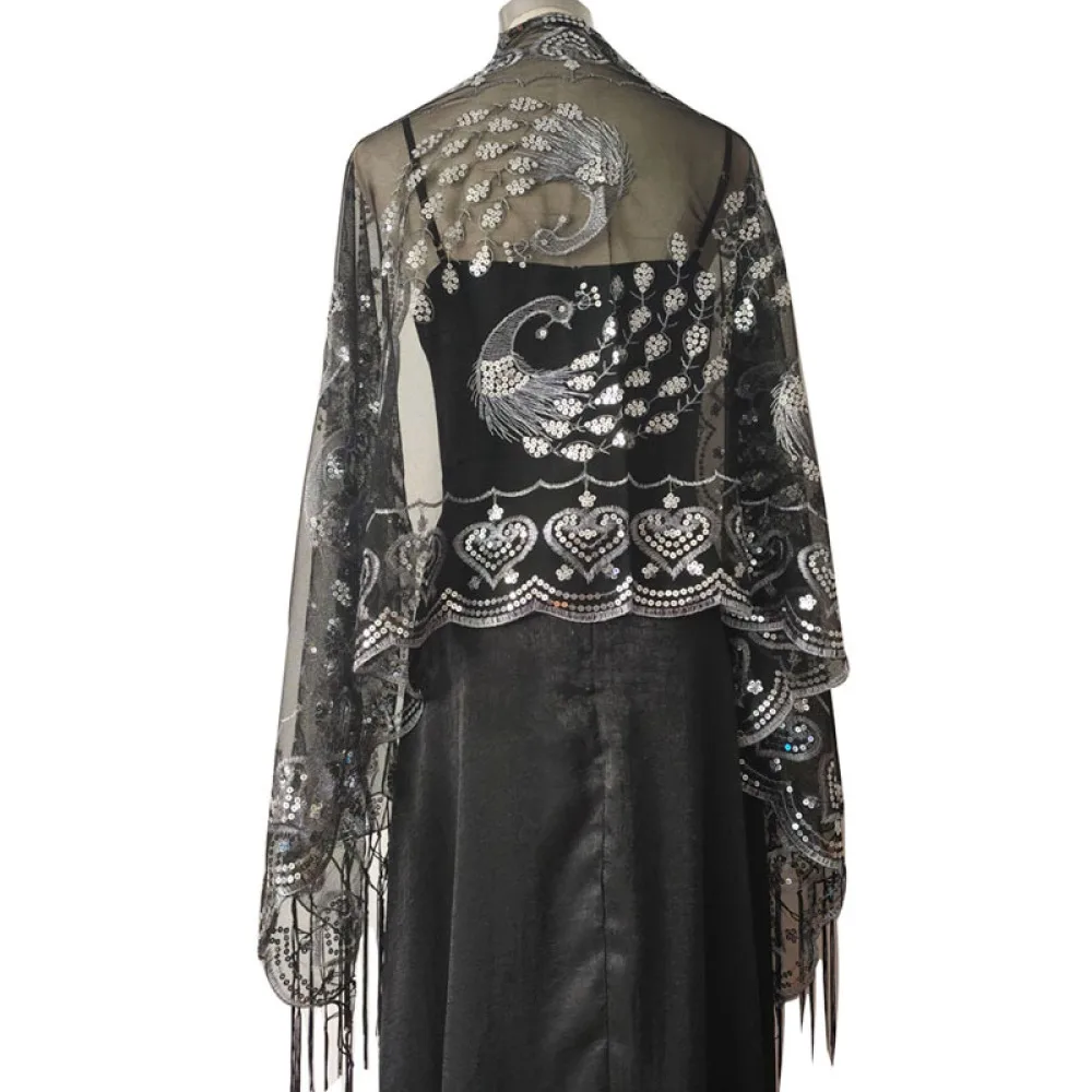 Peacock Embroidery Sequin Wrap Tassel Shawl Women Elegant Evening Party Gown Scarf Wedding Accessory Stole Cape