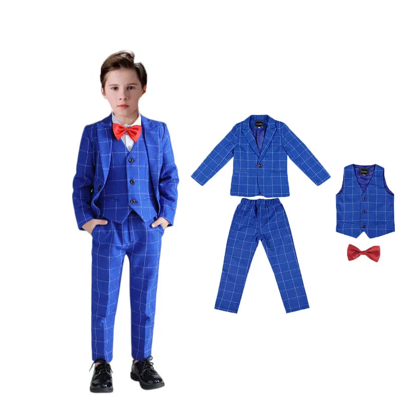 

Детский королевский синий клетчатый комплект из 4 предметов/компл., куртка, жилет, брюки, свадебный костюм с галстуком-бабочкой, платье для фотосессии на фортепиано для мальчиков, детский блейзер для выступлений