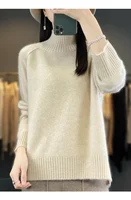 Women's High-Necked Cashmere Sweater 100% Soft Wool Thickened Lazy Raglan Sweater with Slit for Autumn Winter Comfortable Waxy W - Image 2