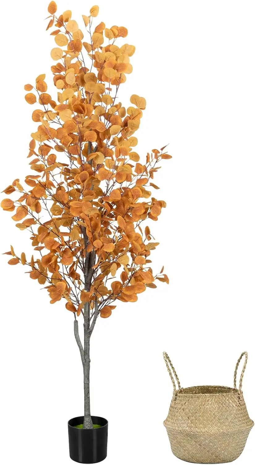 6FT Artificial Eucalyptus Tree with Wicker Basket, Orange Potted Fake Plant for Home Office Decor