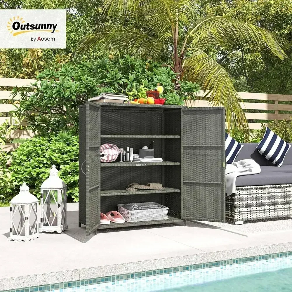 Outdoor Storage Cabinet with 4 Shelves for Pool Towels, Rattan Shelves for Garden, Backyard, Porch - Gray