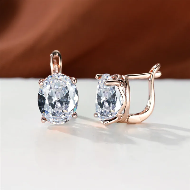 Crystal Female Light Blue White Oval Stone Hoop Earrings Rose Gold Color Multicolor Zircon Fashion Wedding Jewelry For Women