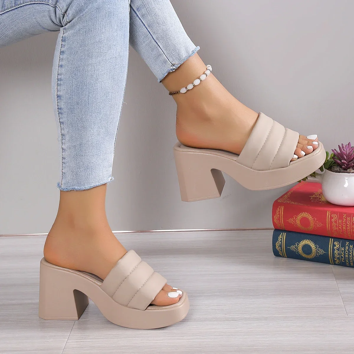 Zapatillas elegantes con plataforma para mujer, tacones altos de cuero para verano, sandalias informales antideslizantes para playa, zapatos de mujer