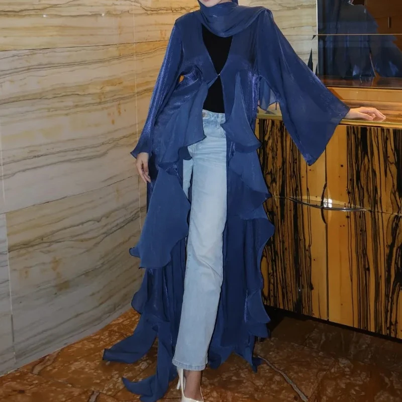 

Женское свободное пальто с длинным рукавом для повседневной носки, весна-лето 2026, новая коллекция, модные кардиганы с рюшами, однотонные, с хиджабом