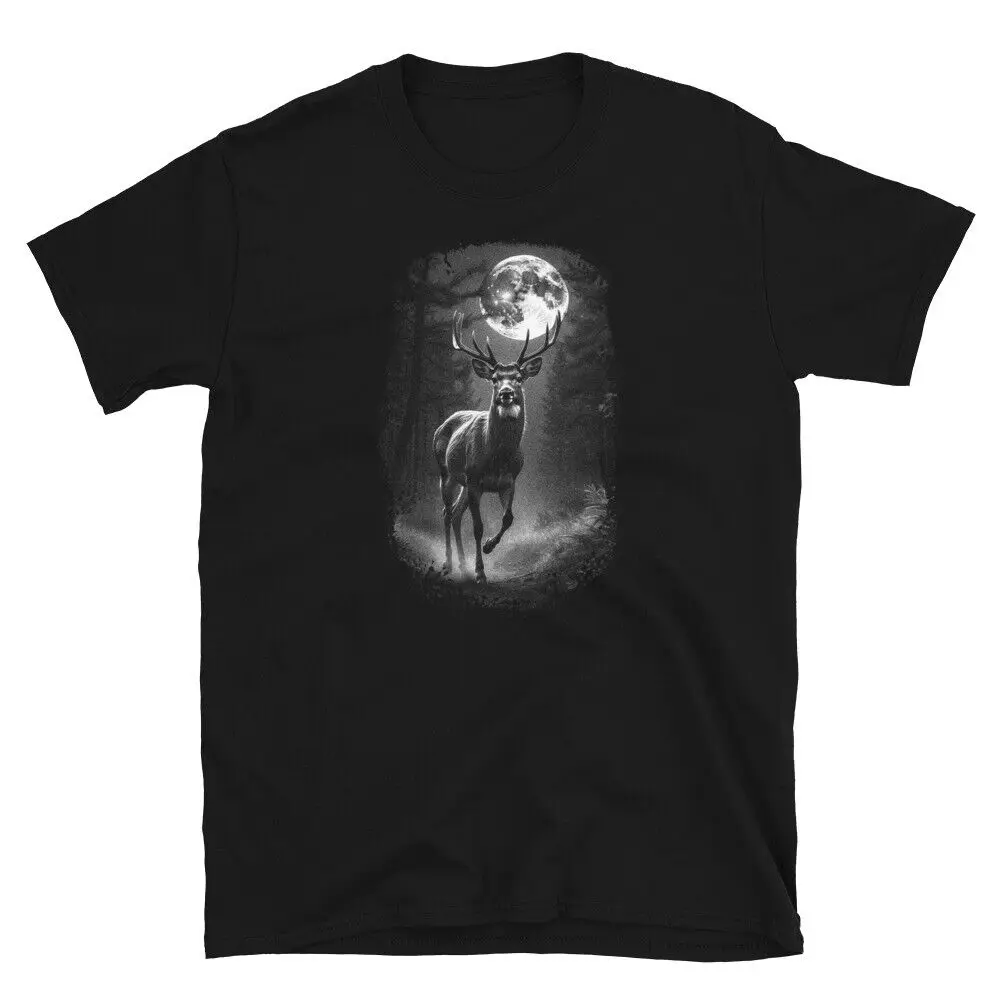 Monochrome Realistic Deer Grazing in The Moonlight Short-Sleeve Unisex T-Shirt