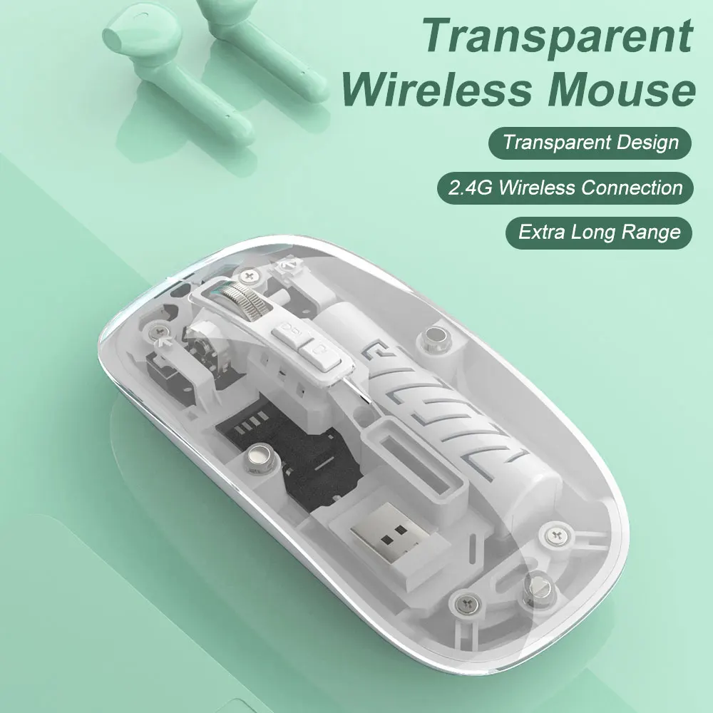Wireless Transparent Mouse Bluetooth USB Rechargeable 800-1600 DPI 125Hz Ergonomic for Gaming Office iPad Tablet PC Laptop Phone