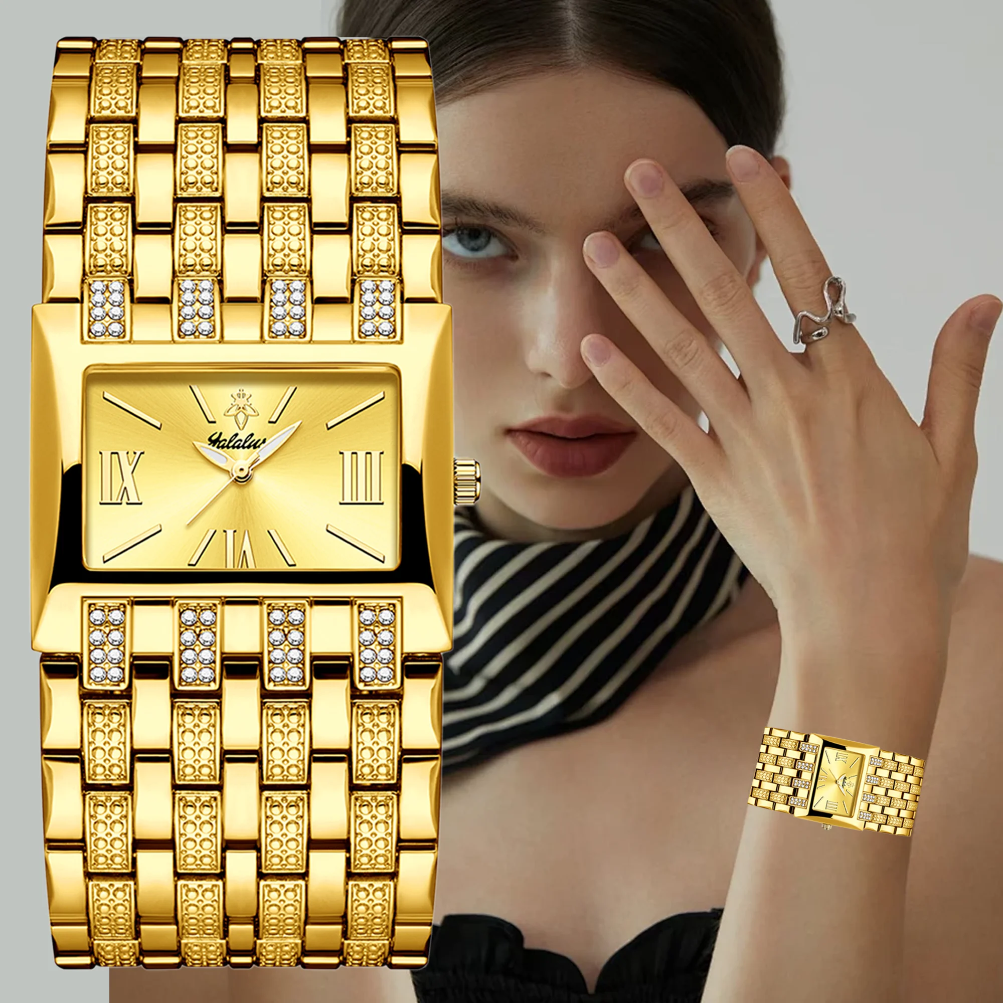 YaLaLuSi Luxury Fashion Women Men Waterproof Sports Quartz Watch Crystal Diamond Bracelet Gold Case Black Face Free Shipping