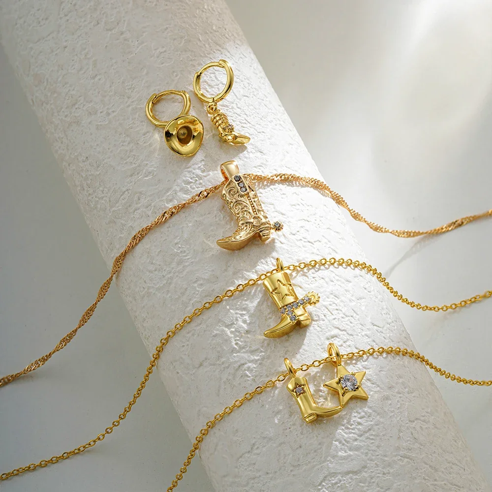 Punk CZ Zircon Cowboy Boot Pendant Necklace for Women Vintage Gold Plated Stainless Steel Chain Necklace Trendy Jewelry Gift