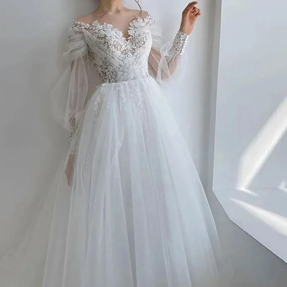 

Long Lantern Sleeves Wedding Dress Bride 2025 Sparkle Applique Tulle V-Neck A-Line Wedding dresses For Women Customized