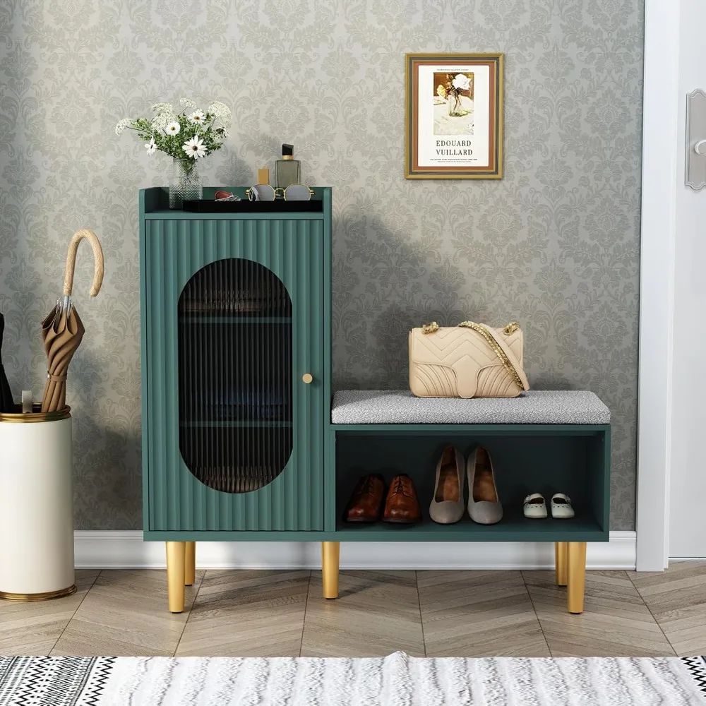 

Storage Bench with Glass Door&Shelf, Modern Entryway Shoe Cabinet Bench with Padded Seat, Green L-Shaped Storage Cabinet for