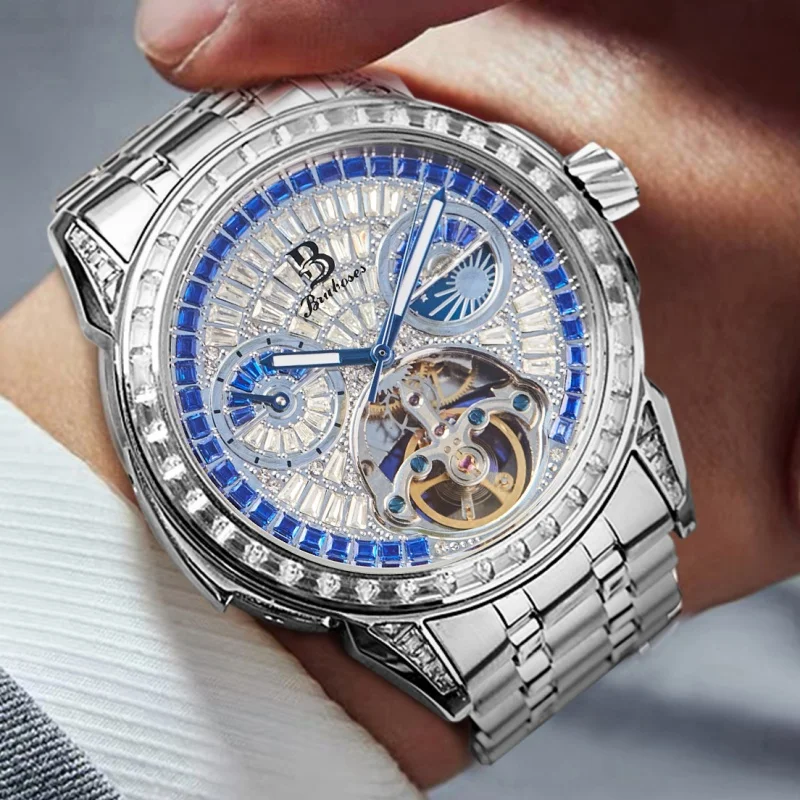 

BRUBOSES Men's Skeleton Automatic Mechanical Winding Watch Stainless Steel Waterproof Fashion Sapphire Crystal Wristwatch 2024