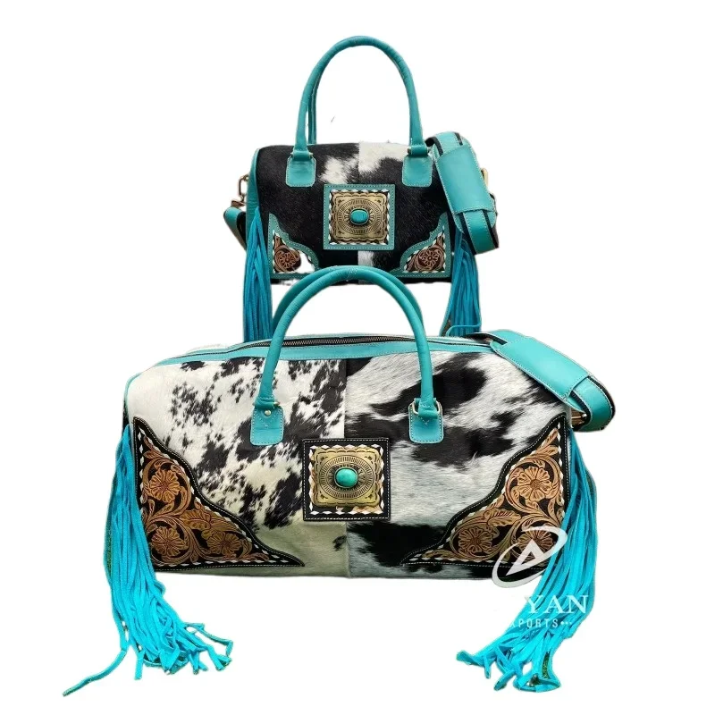 Luxury size fringed duffel bag genuine leather cowhide combination set