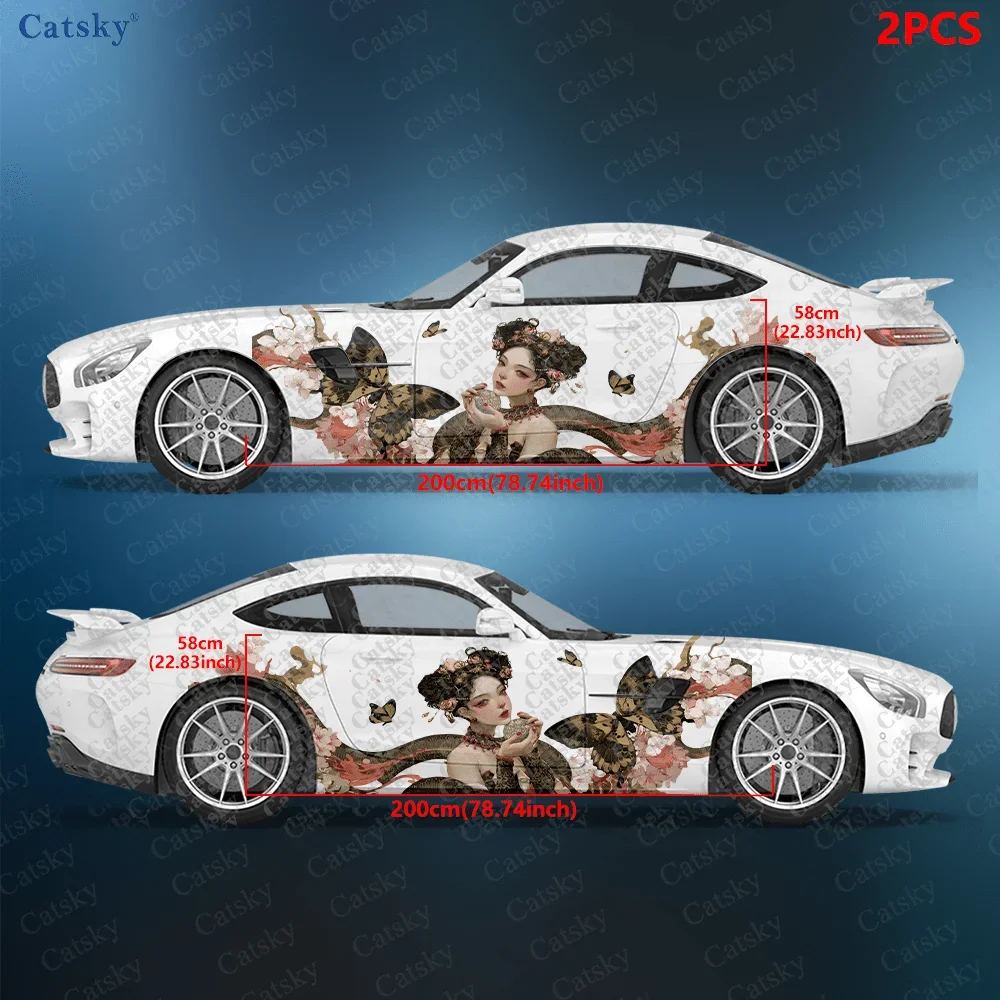 2pcs Snake Lady with Butterflies Car Side Decals, Self-Adhesive PVC Waterproof & Scratch-Resistant Stickers, Car Accessory Gift