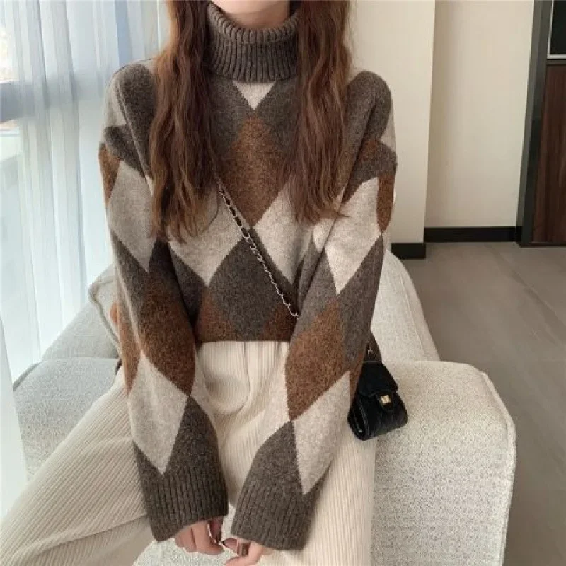 Lazy Sweater Women's Autumn/winter Loose-fit Polo/turtle Neck Rhombus Thickened Top Inner Knitted Top Base Layer