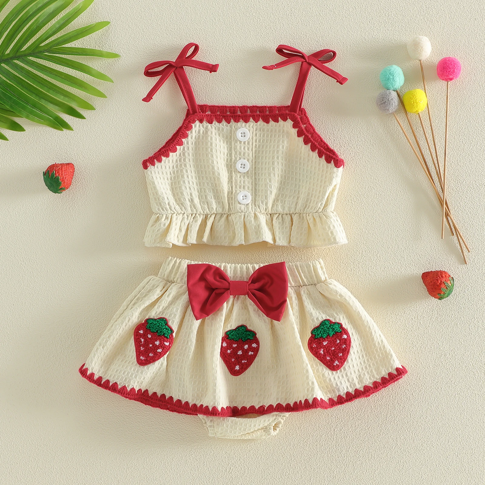 

2Pcs Infant Baby Girl Outfit Summer Sleeveless Contrast Color Ruffle Trim Hem Vest Tops and Strawberry Embroidery Skort