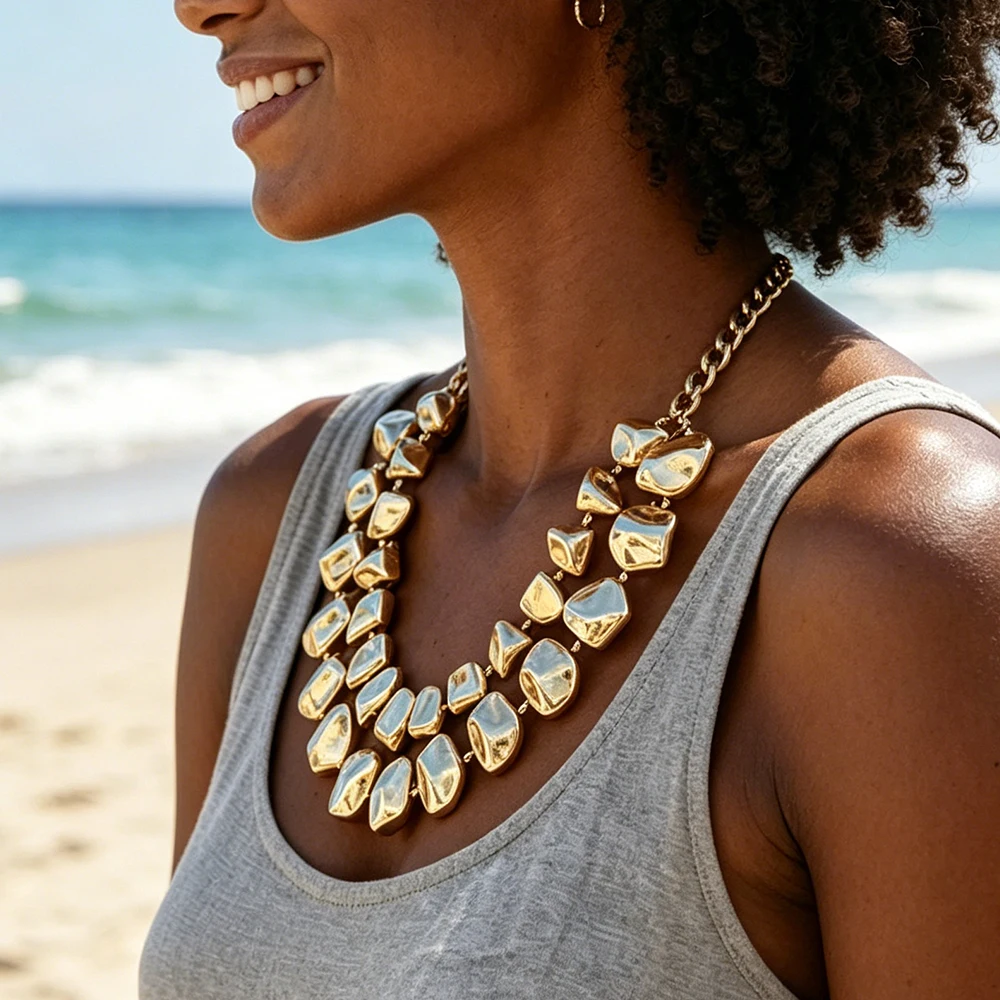 2026 Sommer Neue Gold CCB Perlen-Choker-Halsketten für Damen – Unregelmäßiger, klobiger geometrischer Statement-Schmuck als Halsaccessoires – Detail 3