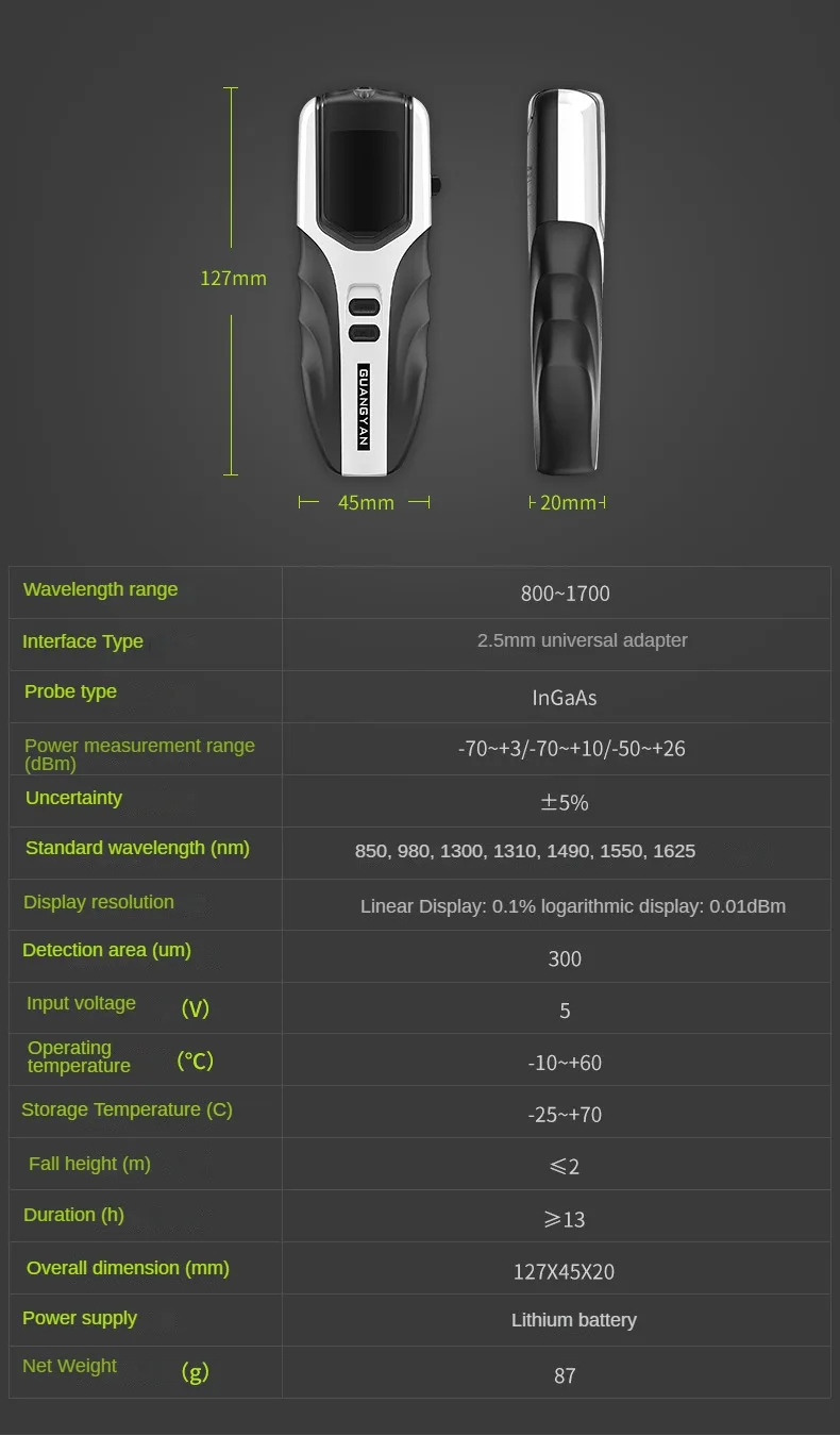 NOR-G770 Optical Power Meter Mini Fiber Optic Light Attenuation Tester Optical Power Meter Loss with LED Charging Model -70~3dBm
