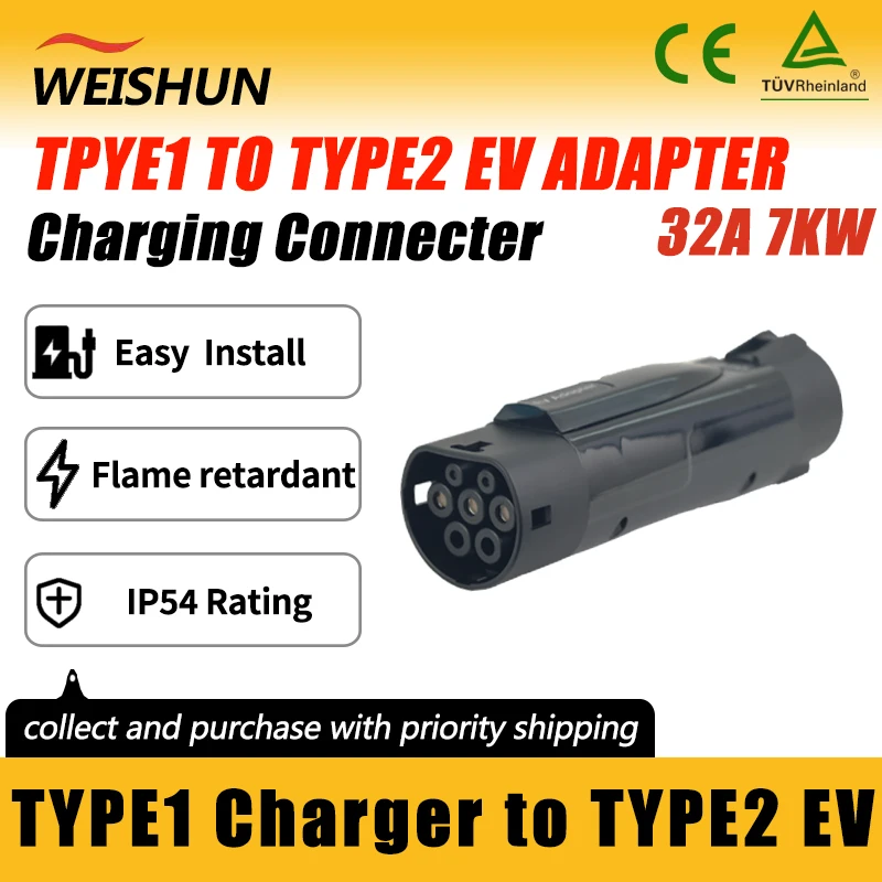 

TYPE1 TO TYPE2 EV Adapter Electric Vehicle Charger Connecter for 16A/32A TYPE1 Charger To TYPE2 Electric Car Adapter